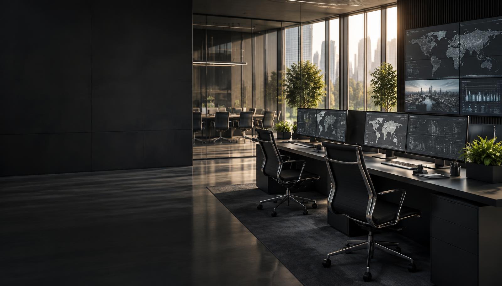 Modern business operations center with connected analytics displays